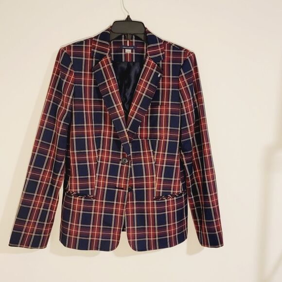 Tommy Hilfiger Navy Red Royal Stewart Plaid Professor Patch Elbow Blazer Size 8 - Picture 3 of 13